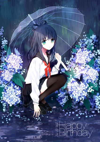 Anime picture 990x1396 with vocaloid vocaloid china luo tianyi yu jiu single long hair tall image looking at viewer fringe black hair sitting holding green eyes bent knee (knees) long sleeves pleated skirt shadow zettai ryouiki text dated