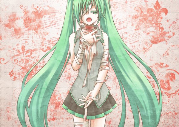 Anime picture 1400x1000 with vocaloid hatsune miku single long hair fringe open mouth hair between eyes standing twintails bare shoulders green eyes looking away very long hair nail polish pleated skirt green hair sleeveless blood stains bandage over one eye body writing