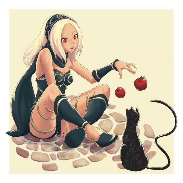 Anime picture 4000x4000 with gravity daze kat (gravity daze) dusty (gravity daze) bob-the-bison single long hair highres red eyes sitting absurdres full body white hair dark skin border looking down indian style double exposure girl animal hairband