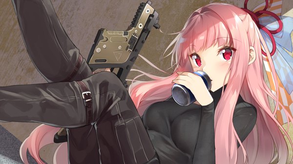 Anime picture 864x484 with playerunknown's battlegrounds voiceroid kotonoha akane yappen single long hair looking at viewer blush fringe breasts red eyes wide image sitting holding payot pink hair long sleeves parody drinking girl