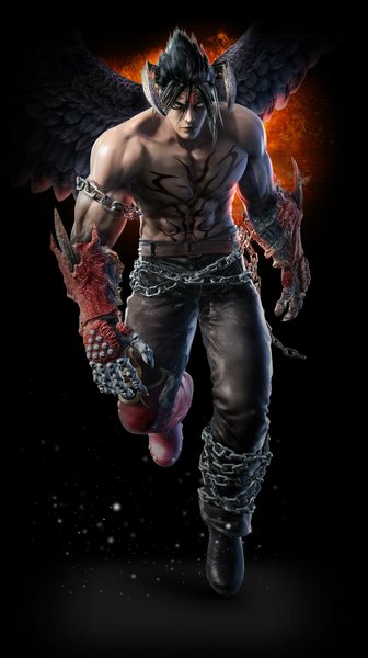 Anime picture 1260x2250 with tekken namco (studio) jin kazama single tall image short hair black hair yellow eyes horn (horns) realistic tattoo demon wings demon boy gloves wings elbow gloves boots chain
