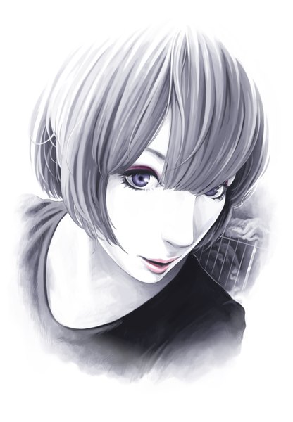 Аниме картинка 1024x1477 с оригинальное изображение sakkan (artist) один (одна) высокое изображение короткие волосы фиолетовые глаза синие волосы губы монохромное портрет лицо стрижка боб девушка