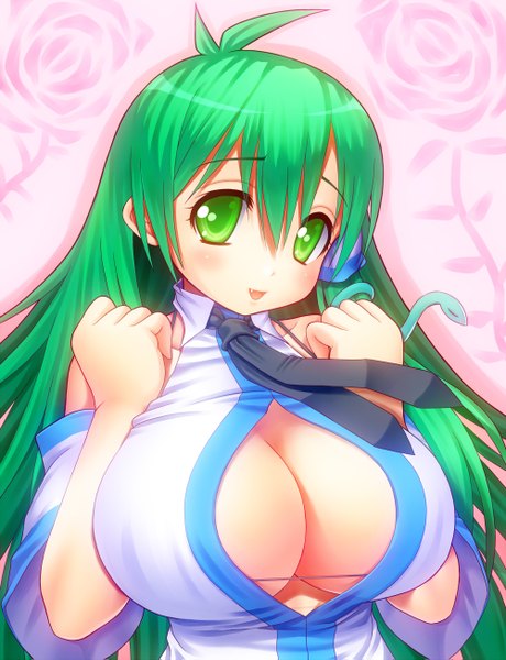 Anime picture 1000x1303 with touhou kochiya sanae asamura hiori single long hair tall image blush breasts open mouth light erotic large breasts green eyes green hair girl detached sleeves necktie hair tubes snake