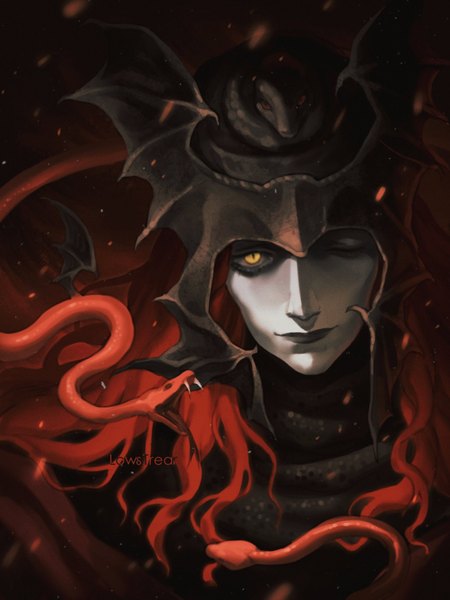 Anime-Bild 1536x2048 mit elden ring messmer the impaler lowstrear single long hair tall image looking at viewer signed yellow eyes upper body red hair one eye closed boy animal helmet snake reptile