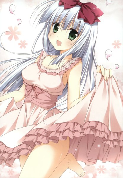 Anime-Bild 1602x2310 mit alice or alice rise (alice or alice) korie riko single long hair tall image looking at viewer blush fringe breasts open mouth light erotic simple background standing holding green eyes white hair blunt bangs :d barefoot