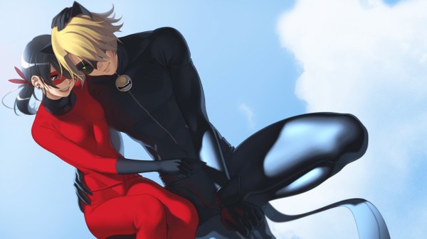 Anime picture 2500x1405 with miraculous ladybug marinette cheng adrien agreste ladybug (character) chat noir revolmxd long hair highres short hair open mouth black hair blonde hair wide image animal ears black eyes fake animal ears girl boy gloves black gloves