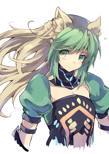 Anime picture 1075x1518 with fate (series) fate/grand order fate/apocrypha type-moon atalanta (fate) nomalandnomal single long hair tall image blush fringe simple background hair between eyes white background green eyes animal ears payot looking away upper body head tilt