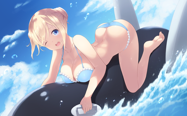 Anime picture 6142x3839 with blend s a-1 pictures hinata kaho cait single looking at viewer blush fringe highres short hair breasts open mouth blue eyes light erotic blonde hair smile large breasts holding payot absurdres