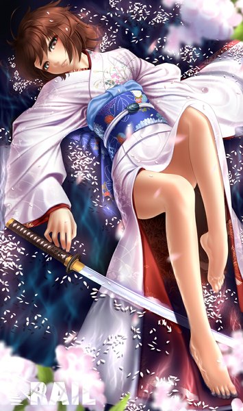 Anime picture 700x1184 with kara no kyoukai type-moon ryougi shiki rail (silverbow) single tall image short hair blue eyes brown hair lying traditional clothes japanese clothes pink eyes barefoot no shoes legs multicolored eyes girl weapon petals