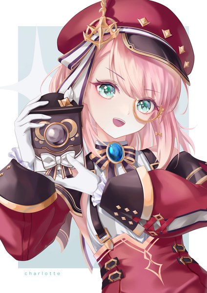 Anime picture 2897x4096 with genshin impact charlotte (genshin impact) kns hanazuna single tall image looking at viewer highres short hair open mouth pink hair upper body head tilt :d aqua eyes border outside border girl gloves hat white gloves