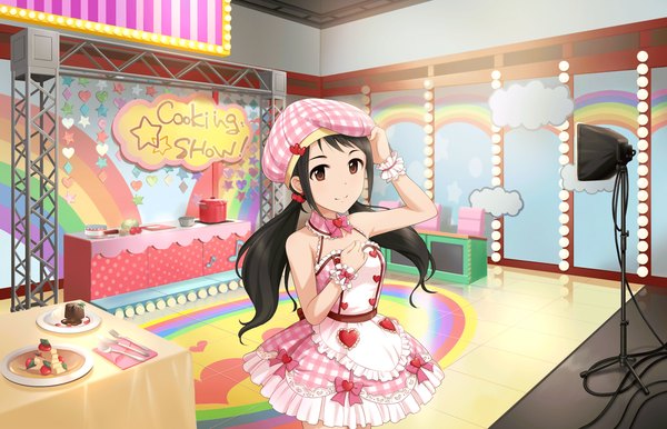 Anime picture 1280x824 with idolmaster idolmaster cinderella girls nakano yuka single long hair looking at viewer black hair brown eyes girl dress food frills sweets beret