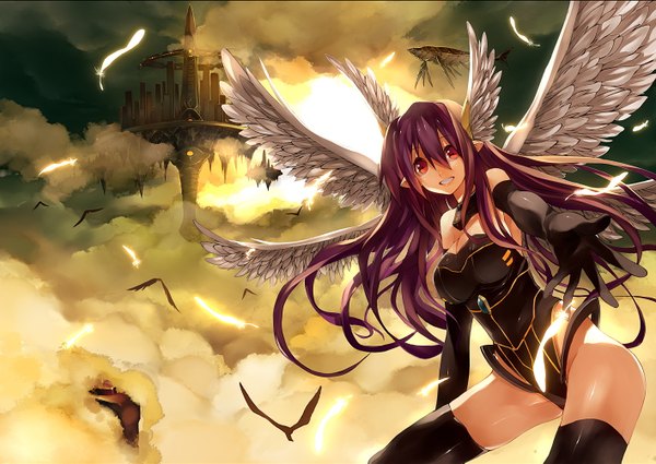 Anime picture 1416x1003 with red eyes sky purple hair cloud (clouds) pointy ears girl thighhighs animal wings bird (birds) aircraft airship flying castle
