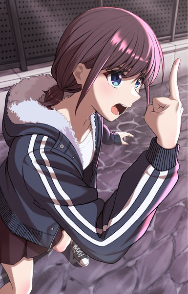 Anime picture 2894x4513 with girls band cry toei animation iseri nina shimizu keitaro single tall image highres short hair open mouth blue eyes standing looking away purple hair outdoors from above open jacket middle finger girl jacket