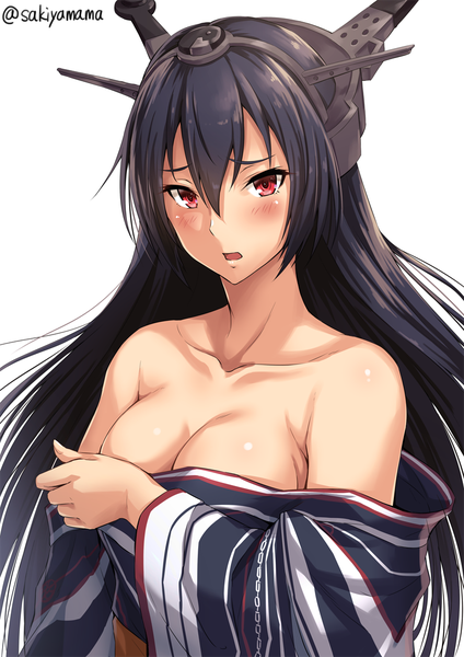 Anime picture 800x1131 with kantai collection nagato battleship mutsu battleship sakiyamama single long hair tall image looking at viewer blush fringe breasts open mouth light erotic black hair simple background hair between eyes red eyes large breasts standing white background