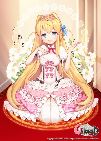 Anime picture 722x1000 with unleashed byulzzimon single tall image looking at viewer blush open mouth blue eyes blonde hair very long hair girl thighhighs dress flower (flowers) white thighhighs frills crown musical note