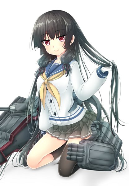 Anime picture 800x1152 with kantai collection isokaze destroyer baretto single long hair tall image looking at viewer black hair smile red eyes white background tress ribbon girl thighhighs skirt ribbon (ribbons) weapon hair ribbon miniskirt single thighhigh