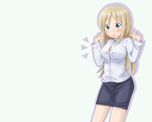 Anime picture 1280x1024 with ichigo mashimaro ana coppola single long hair blush open mouth blue eyes simple background blonde hair white background girl skirt shirt