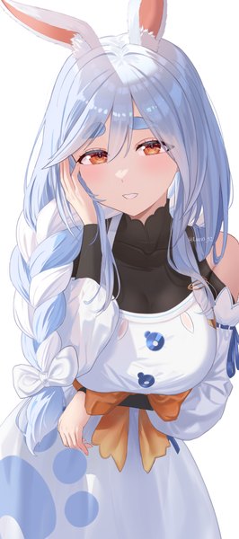 Anime picture 1673x3777 with virtual youtuber hololive pekomama lucy (rusi-juren328) single long hair tall image fringe breasts simple background hair between eyes red eyes white background animal ears blue hair braid (braids) multicolored hair two-tone hair bunny ears single braid