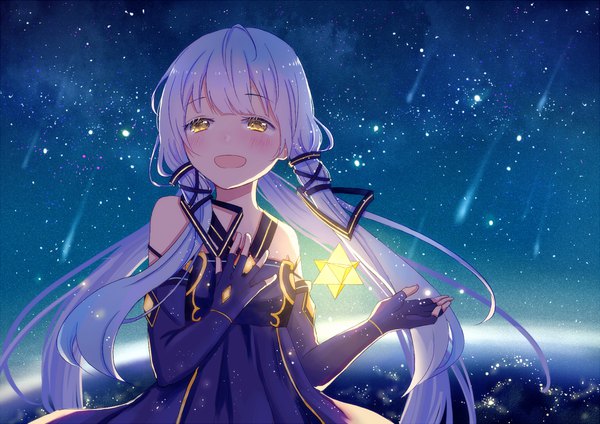 Anime picture 1272x900 with vocaloid xingchen yuu mo single long hair blush fringe open mouth yellow eyes looking away purple hair night night sky sleeveless hand on chest space tress ribbon meteor rain girl dress