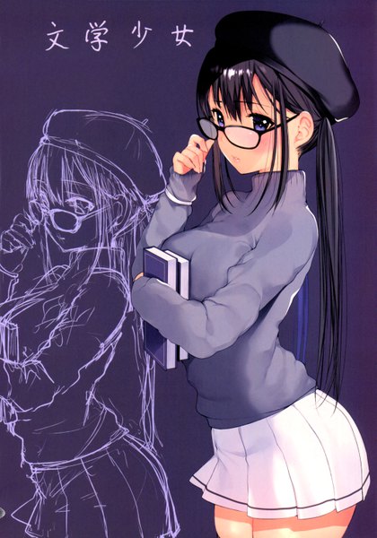 Anime-Bild 4234x6047 mit original matarou (genkai toppa) single long hair tall image looking at viewer blush fringe highres breasts black hair simple background hair between eyes standing purple eyes twintails signed payot absurdres long sleeves