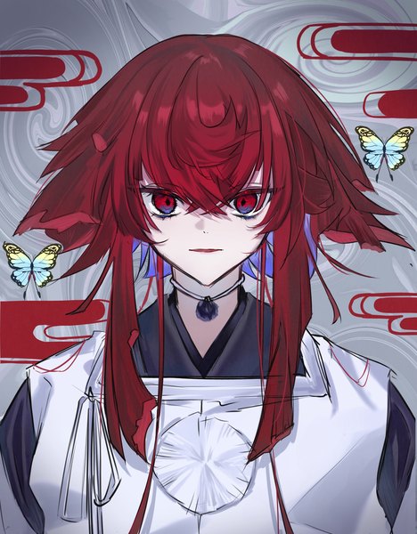 Anime picture 1697x2175 with touken ranbu nitroplus nukemaru (touken ranbu) niwa (tona01241) single tall image looking at viewer fringe short hair hair between eyes red eyes upper body red hair traditional clothes japanese clothes expressionless egasumi boy insect butterfly