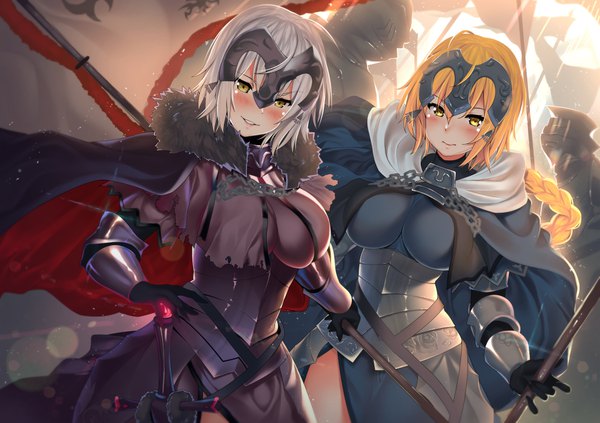 Anime picture 1032x728 with fate (series) fate/grand order jeanne d'arc (fate) (all) jeanne d'arc alter (fate) jeanne d'arc (fate) kawai (purplrpouni) long hair looking at viewer blush fringe short hair breasts light erotic blonde hair smile hair between eyes large breasts standing multiple girls yellow eyes