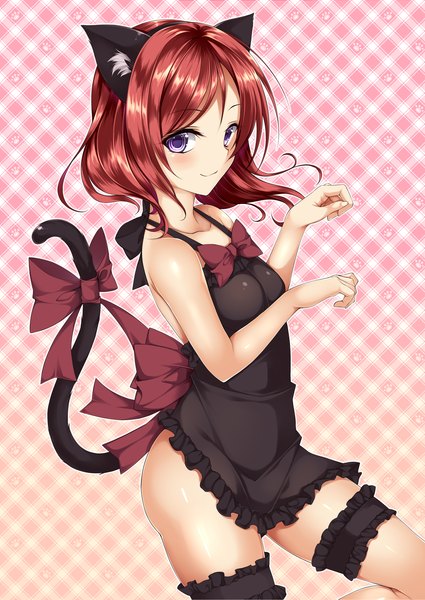 Anime picture 2149x3035 with love live! school idol project sunrise (studio) love live! nishikino maki nanahosi seiiki (artist) single tall image looking at viewer blush highres short hair light erotic smile purple eyes animal ears red hair tail animal tail cat ears cat girl