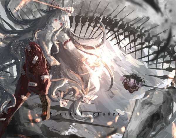 Anime picture 1800x1413 with touhou fujiwara no mokou houraisan kaguya kaitou0215 long hair highres black hair smile red eyes multiple girls very long hair from above grey hair black eyes flying weightlessness girl dress bow 2 girls