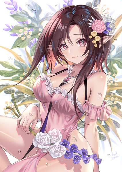 Anime picture 1200x1697 with original midori foo single long hair tall image looking at viewer blush fringe breasts light erotic hair between eyes brown hair large breasts white background bare shoulders holding signed nail polish pink eyes multicolored hair