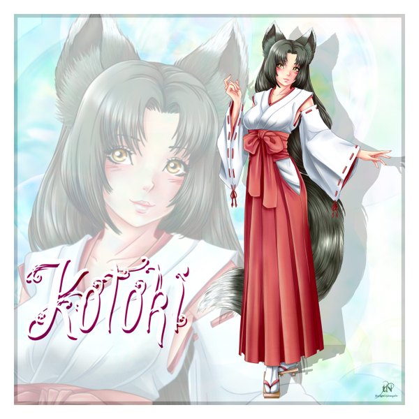 Anime picture 3000x3000 with original thenightwishmaster single long hair blush highres black hair animal ears yellow eyes tail traditional clothes japanese clothes animal tail lips border girl detached sleeves