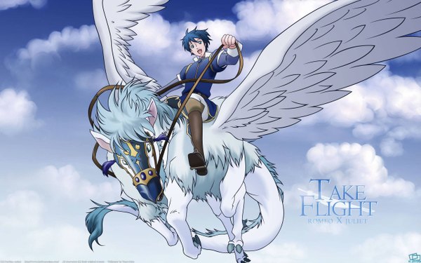 Anime picture 2560x1600 with romeo x juliet gonzo single highres short hair open mouth blue eyes wide image sitting holding blue hair sky cloud (clouds) full body inscription angel wings riding boy animal wings
