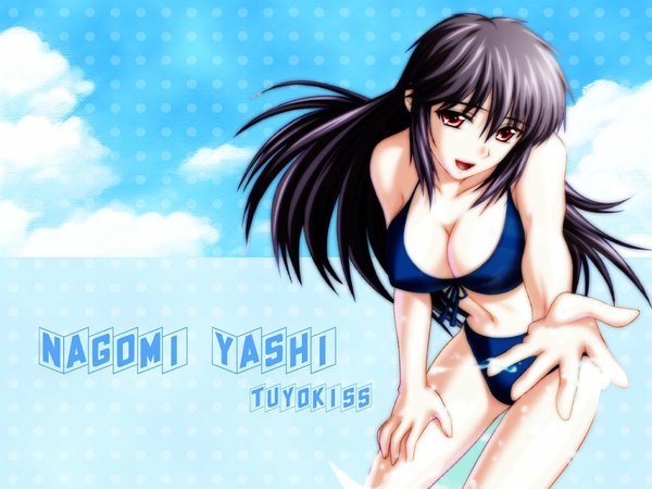 Anime picture 1024x768 with tsuyokiss cool x sweet yashi nagomi long hair light erotic black hair red eyes wallpaper swimsuit bikini splashes