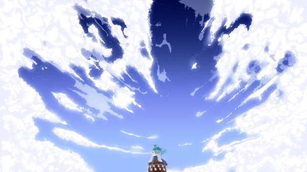 Anime picture 1920x1080 with touhou kochiya sanae kirise mitsuru single long hair highres wide image sky cloud (clouds) green hair from behind girl