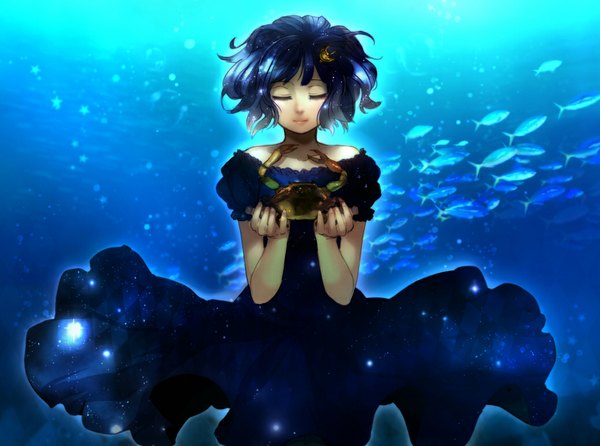 Anime picture 1036x771 with planetary moe moon (planetary moe) rosel-d single short hair holding blue hair eyes closed light smile underwater zodiac cancer (zodiac) girl dress animal water fish (fishes) crab