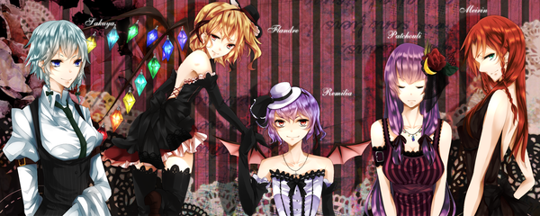 Anime picture 2500x1000 with touhou flandre scarlet remilia scarlet izayoi sakuya patchouli knowledge hong meiling eudemonia (artist) long hair highres short hair blue eyes red eyes wide image blue hair purple hair red hair eyes closed orange hair one side up girl