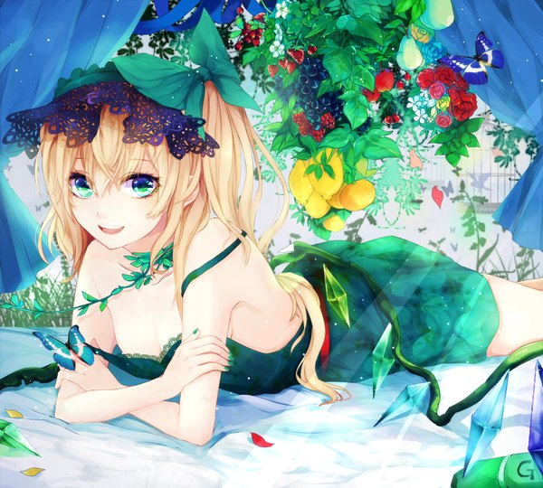 Anime picture 2000x1800 with touhou flandre scarlet renkarua single long hair looking at viewer highres open mouth blonde hair smile green eyes one side up girl dress flower (flowers) bow hair bow wings insect butterfly