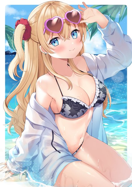 Anime picture 1061x1500 with original okiq single long hair tall image looking at viewer blush fringe breasts blue eyes light erotic blonde hair smile hair between eyes large breasts one side up partially submerged piercing border ear piercing