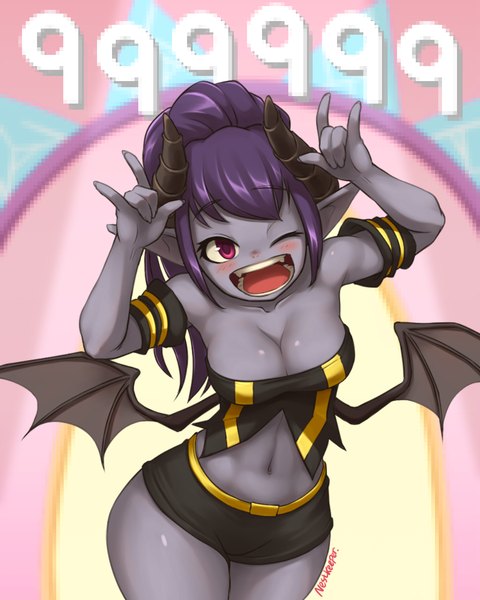 Anime picture 1024x1280 with dungeon and fighter nestkeeper single long hair tall image blush fringe breasts open mouth light erotic smile purple hair one eye closed pink eyes pointy ears wink demon girl demon wings grey skin girl