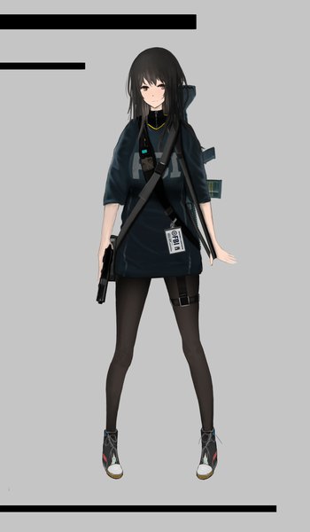 Anime picture 1120x1920 with original slowlyeof single long hair tall image looking at viewer black hair simple background standing holding brown eyes full body grey background expressionless clothes writing girl dress weapon pantyhose shoes