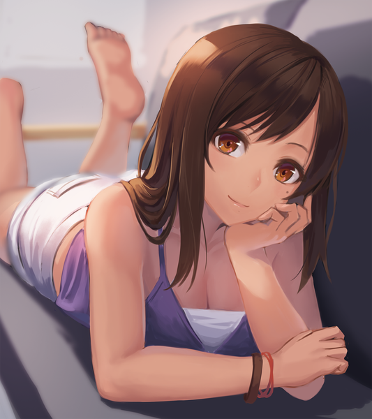 Anime picture 1518x1710 with tenki no ko suga natsumi ranma (kamenrideroz) single long hair tall image looking at viewer fringe brown hair bare shoulders brown eyes cleavage lying head tilt barefoot light smile mole mole under eye on stomach legs up