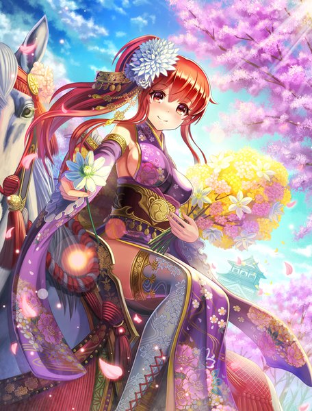 Anime picture 800x1051 with sengoku fubu madopen single long hair tall image looking at viewer blush fringe breasts light erotic smile hair between eyes red eyes large breasts sitting holding payot sky cloud (clouds) outdoors