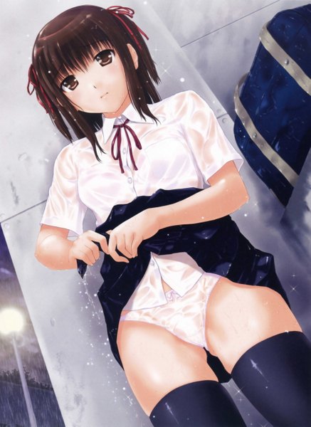 Anime picture 3755x5153 with original komatsu eiji single tall image looking at viewer highres short hair light erotic brown hair standing brown eyes absurdres from below rain skirt lift wet clothes wringing clothes girl thighhighs skirt