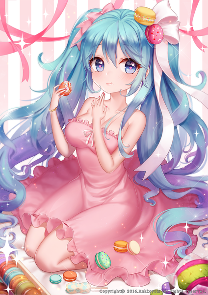 Anime picture 1200x1697 with vocaloid hatsune miku ango single long hair tall image blush fringe breasts blue eyes hair between eyes large breasts sitting twintails bare shoulders payot looking away purple hair bent knee (knees) nail polish