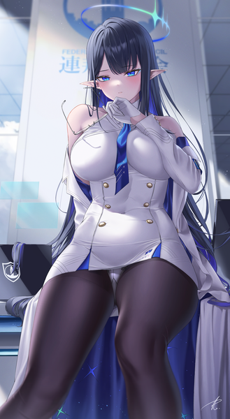 Anime picture 2155x3932 with blue archive rin (blue archive) yabacha single long hair tall image blush fringe highres breasts blue eyes light erotic black hair large breasts bare shoulders signed looking away indoors long sleeves multicolored hair