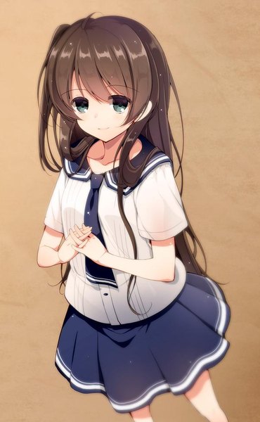 Anime picture 600x971 with tokyo 7th sisters tamasaka makoto akahito single long hair tall image smile brown hair green eyes ahoge side ponytail brown background girl skirt uniform school uniform necktie