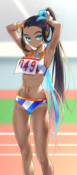Anime picture 1961x4455 with pokemon pokemon swsh nintendo nessa (pokemon) tm (hanamakisan) single long hair tall image looking at viewer highres breasts blue eyes light erotic black hair standing blue hair outdoors ponytail multicolored hair arms up
