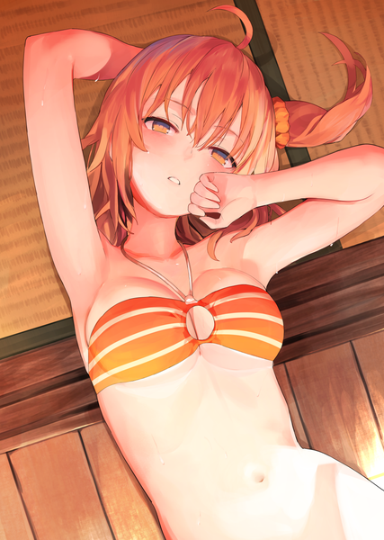 Anime picture 1068x1500 with fate (series) fate/grand order fujimaru ritsuka (female) nanotaro single tall image looking at viewer blush fringe short hair breasts light erotic hair between eyes large breasts ahoge indoors lying parted lips head tilt armpit (armpits)