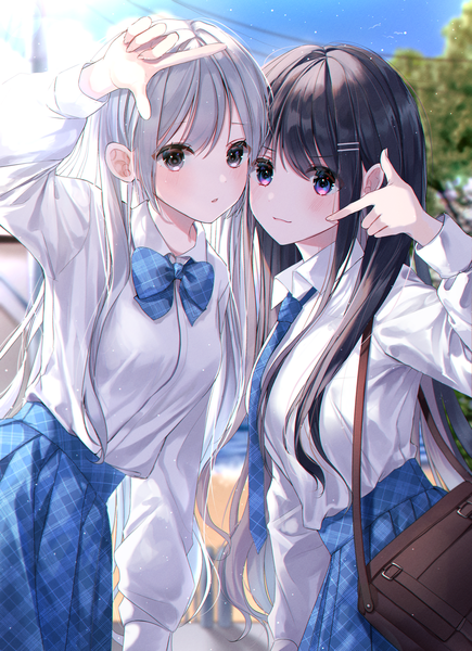 Anime picture 2896x3999 with original myowa long hair tall image looking at viewer blush fringe highres black hair standing purple eyes multiple girls sky silver hair outdoors long sleeves parted lips pleated skirt arm up light smile