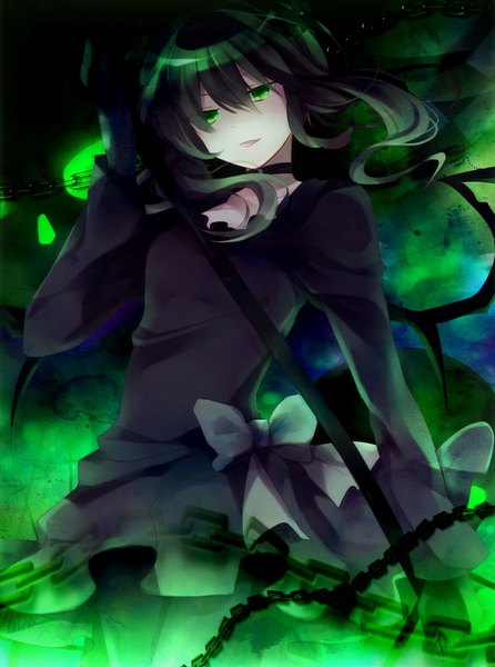 Anime picture 1487x2000 with black rock shooter dead master ibara riato single tall image black hair green eyes girl dress gloves wings black dress chain
