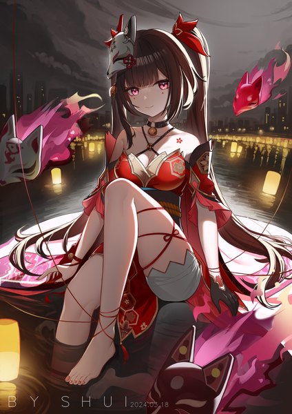 Anime picture 2480x3508 with honkai: star rail honkai (series) sparkle (honkai: star rail) mimi32752579 single long hair tall image looking at viewer fringe highres breasts light erotic brown hair large breasts twintails bare shoulders signed payot blunt bangs nail polish